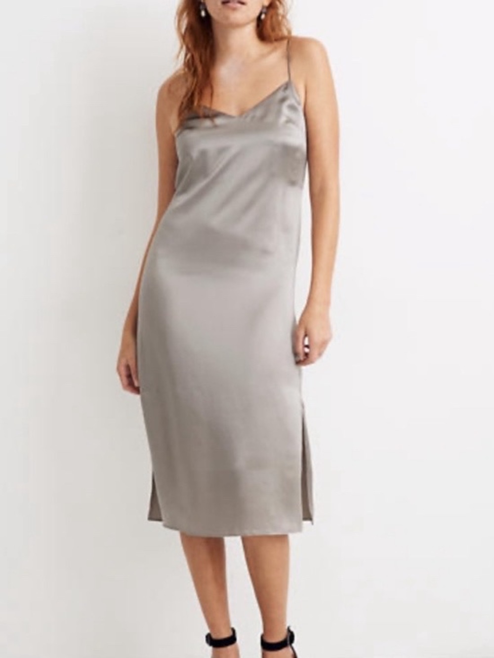 Madewell Eva Satin Slip Midi Dress Size 12 Gray Silk Side Slits Wedding Guest